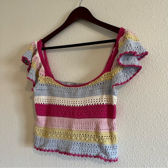 Sincerely Jules Boho Rainbow Stripe Crochet Flutter Sleeve Crop Top Size Small - Picture 2 of 11